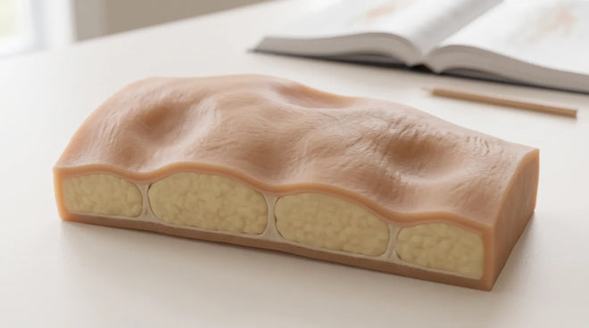 Une maquette en coupe de la peau sur un bureau : des lobules de graisse arrondis qui poussent vers la surface, retenus entre des cordons fibreux