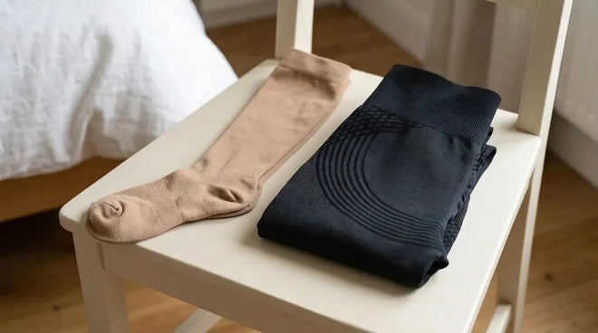 Une chaussette de compression médicale beige et le legging noir plié côte à côte sur une chaise