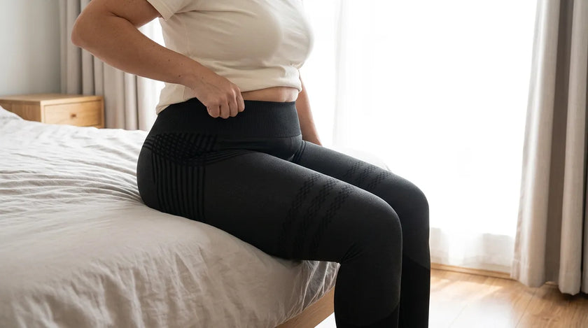Assise sur le bord du lit, une main à la ceinture haute du legging de compression
