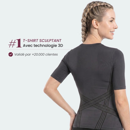 T-shirt sculptant 3D en gris foncé vu de dos, bandes de maintien croisées apparentes