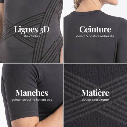 Détails du T-shirt sculptant 3D : lignes 3D tricotées, bande dorsale, coupe et maille sans couture
