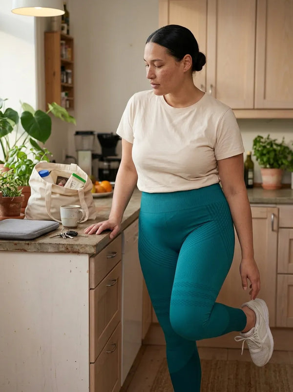Une femme chez elle dans son legging 3D de compression Leonie & Co, au milieu d'une journée ordinaire