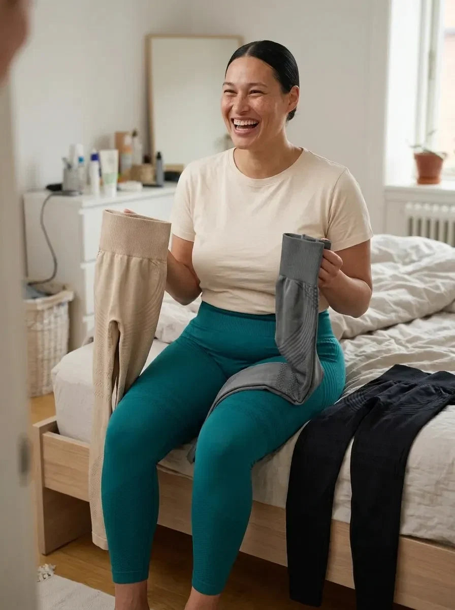 Une femme qui rit sur le bord de son lit, comparant un vêtement de compression beige avec son legging 3D Leonie & Co