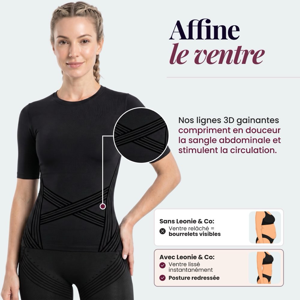 Femme portant le T-shirt sculptant 3D Leonie & Co en noir, lignes 3D croisées visibles à la taille