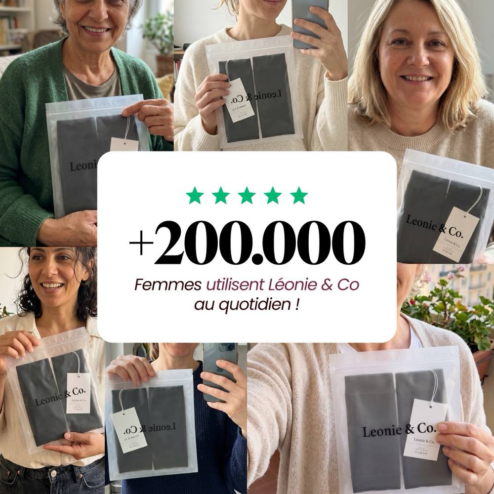 Photos de clientes tenant leurs manchons Leonie & Co, au-dessus d'une note de cinq étoiles