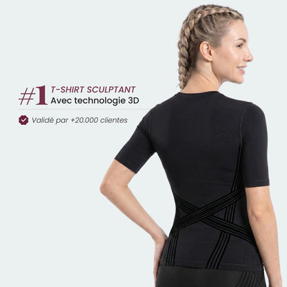 T-shirt sculptant 3D en noir vu de dos, bandes de maintien croisées apparentes