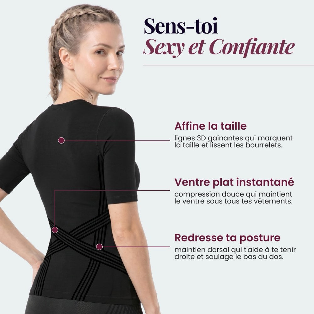 Trois points du T-shirt sculptant 3D : taille, ventre et posture