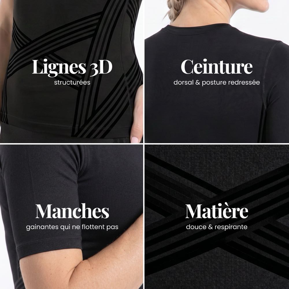 T-shirt sculptant 3D Leonie & Co, lignes de maintien tricotées visibles sur le ventre
