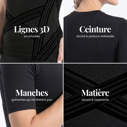 Détails du T-shirt sculptant 3D : lignes 3D tricotées, bande dorsale, coupe et maille sans couture