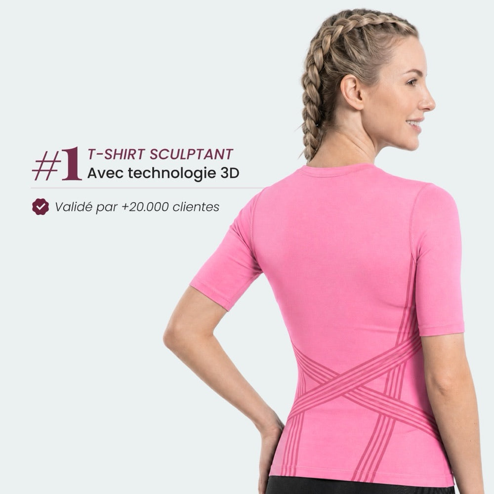 T-shirt sculptant 3D en rose vu de dos, bandes de maintien croisées apparentes