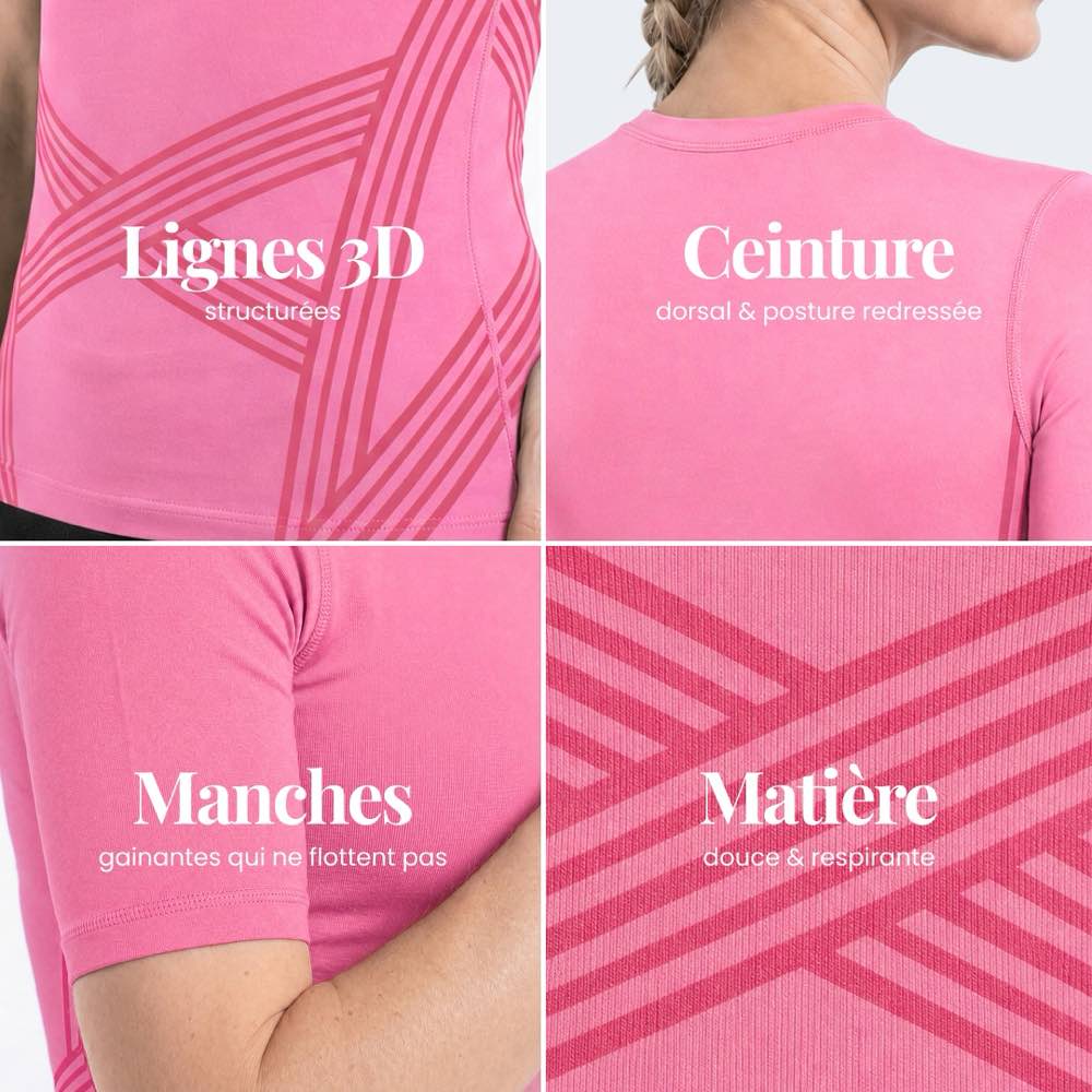 T-shirt sculptant 3D Leonie & Co, lignes de maintien tricotées visibles sur le ventre